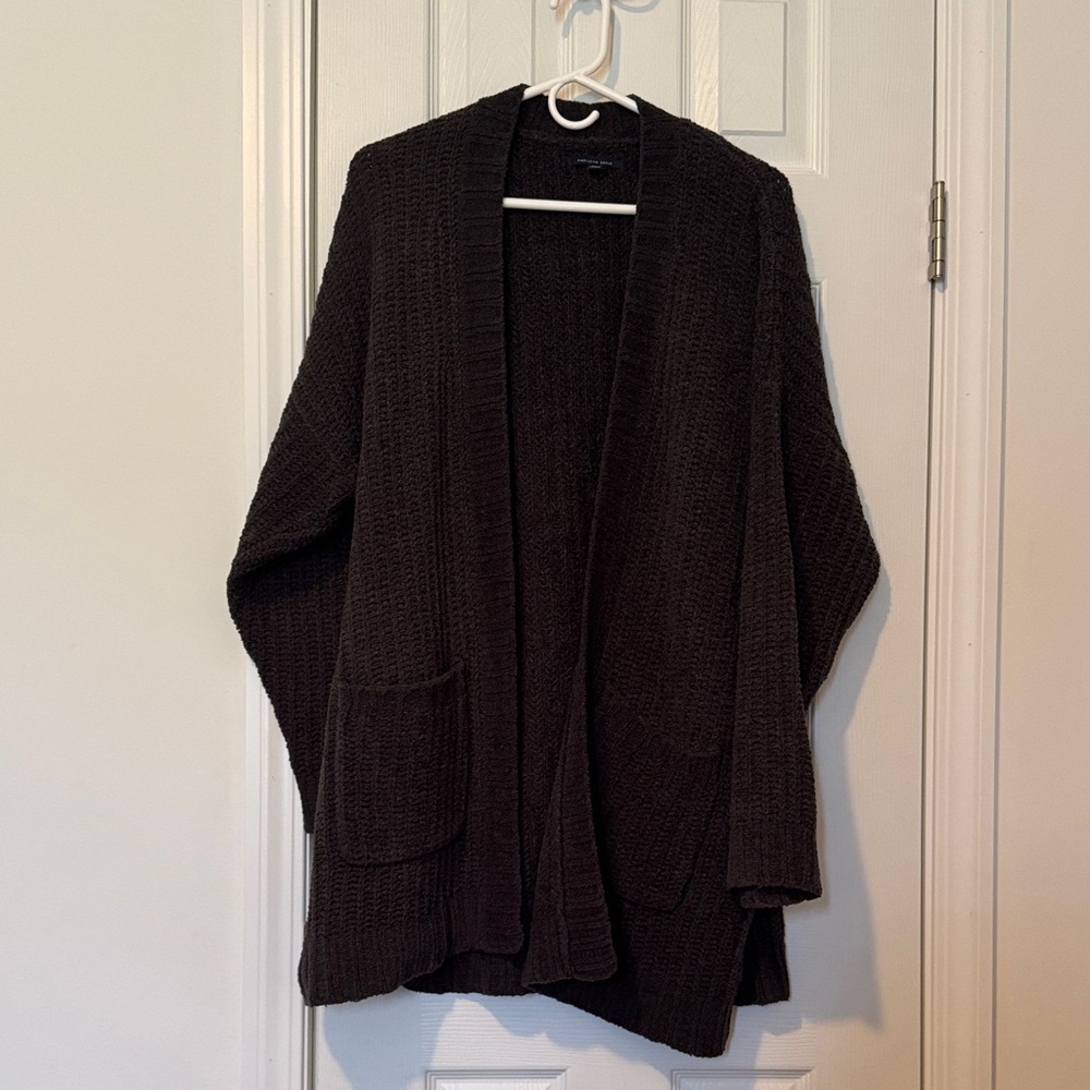 American Eagle Cozy Open-Front Knit Cardigan in Charcoal